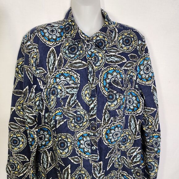 Charter Club Women Top Sz 16 Blue Floral 100% Linen Long Roll Tab Button Pocket - Picture 4 of 12